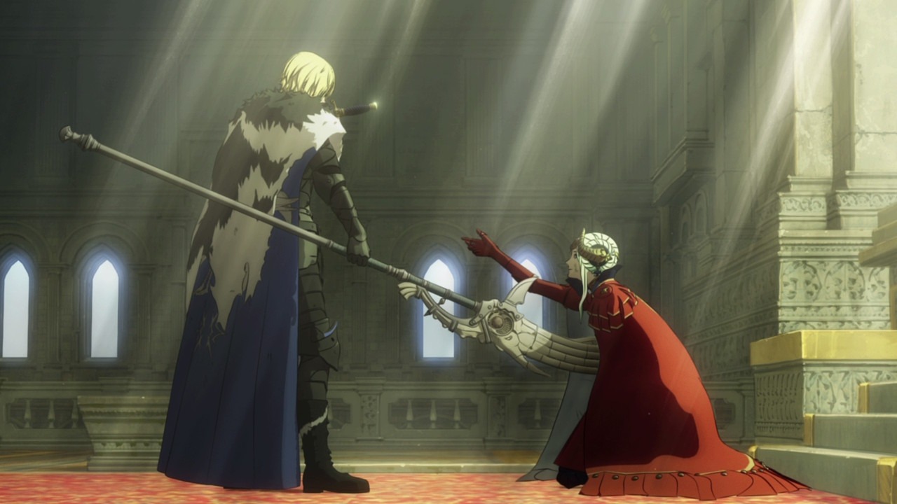 No text, Dimitri wordlessly stabs Edelgard through the stomach. There is a knife in his shoulder.